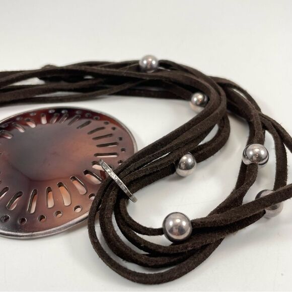Retired Silpada brown suede silver beaded necklace with carved pen shell pendant - Picture 3 of 9